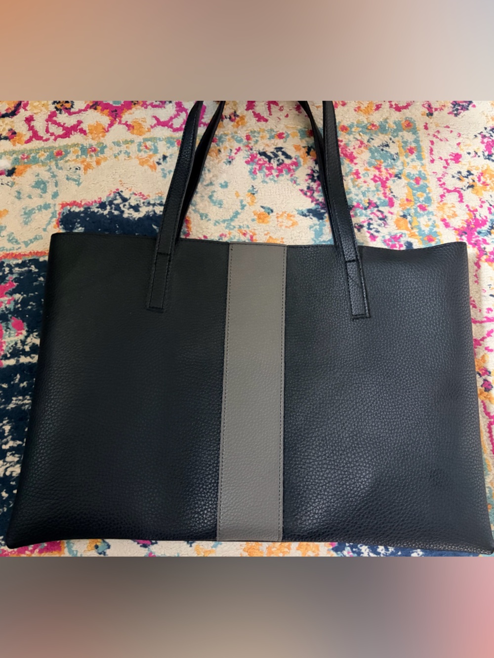 Vince Camuto Classic Black Tote with Gray Center Stripe